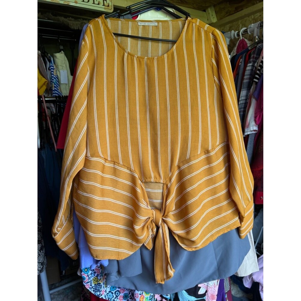 Active USA Mustard Striped Tie-Front Blouse